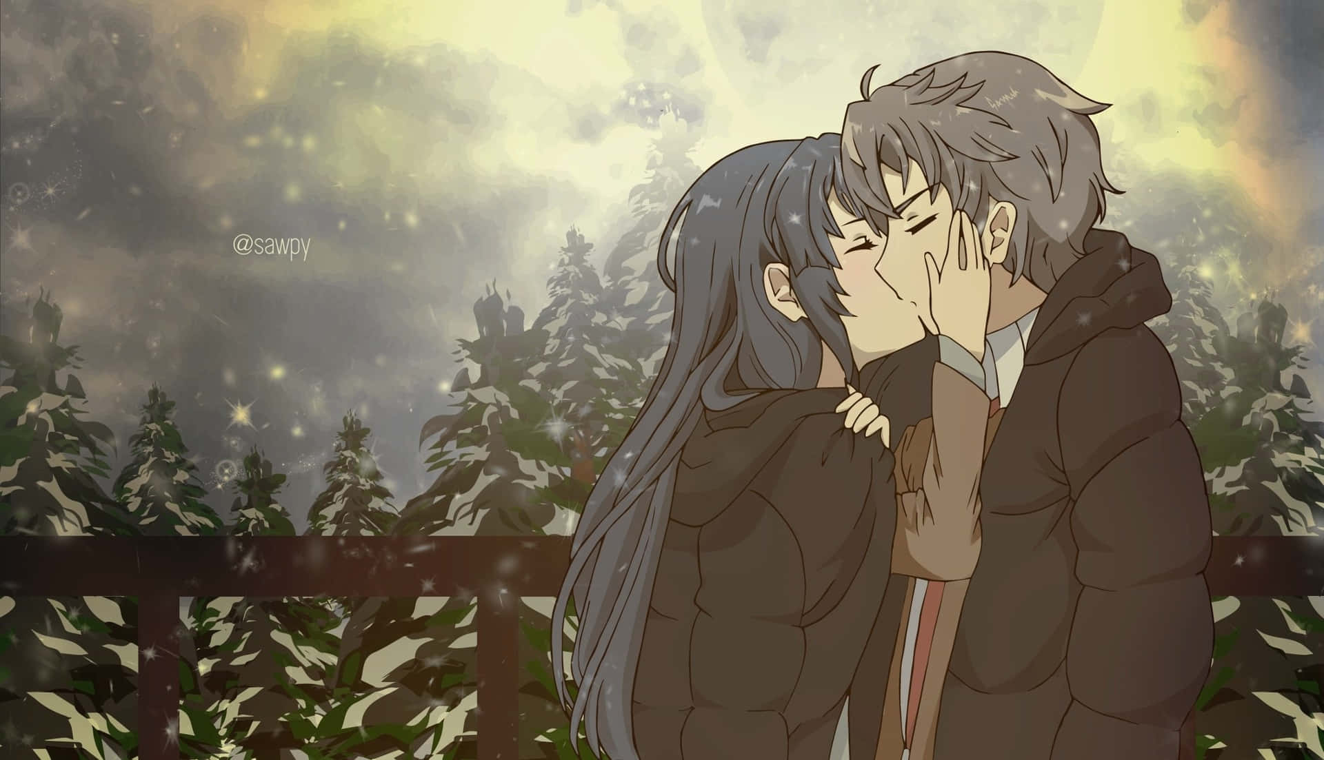 A Couple Kissing In The Snow Background