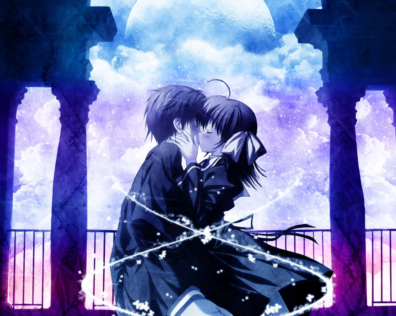 A Couple Kissing Under A Moonlit Sky Background