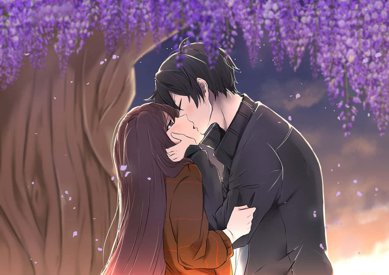 A Couple Kissing Under A Purple Tree Background