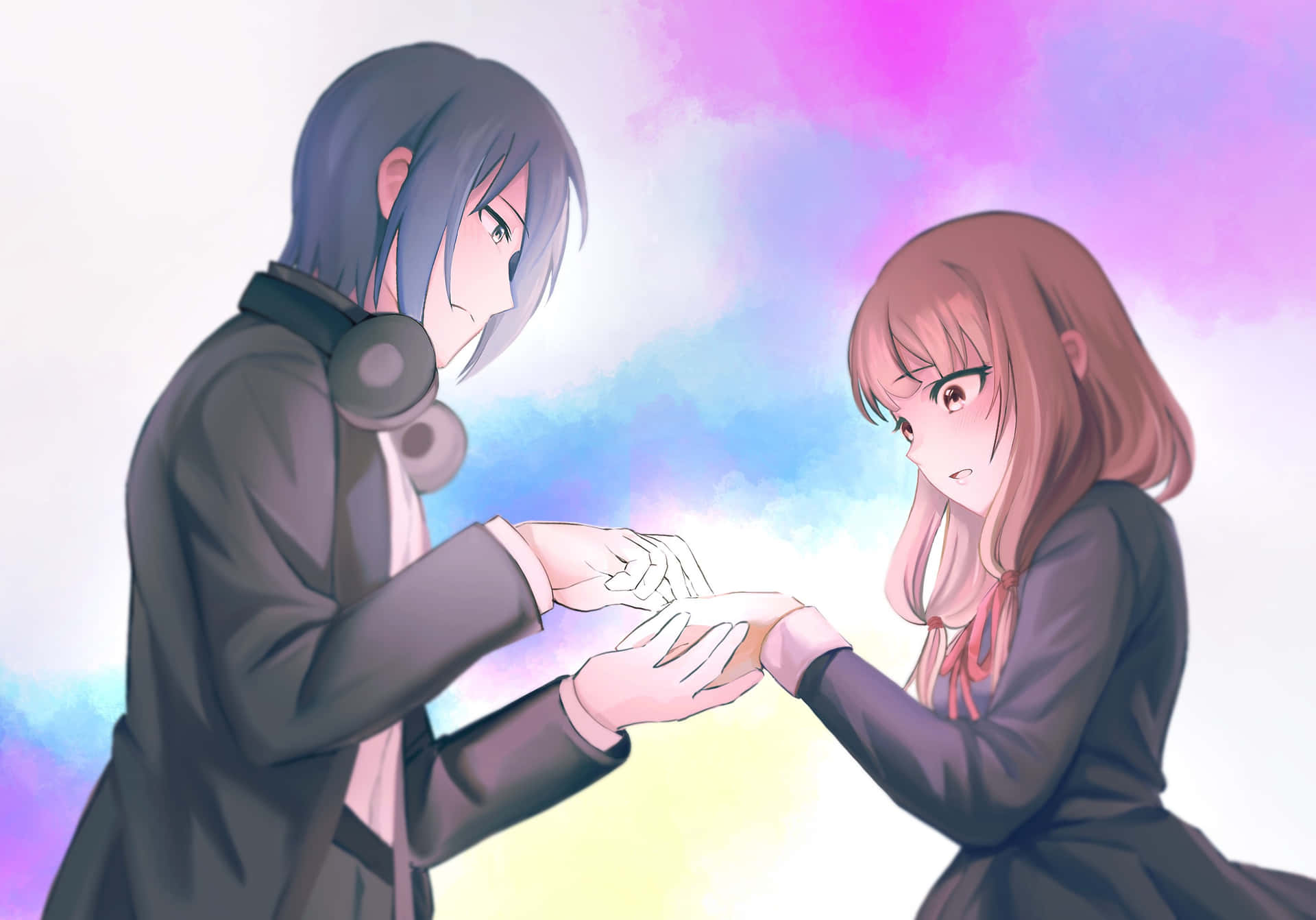 A Couple Of Anime Characters Are Holding Hands Background