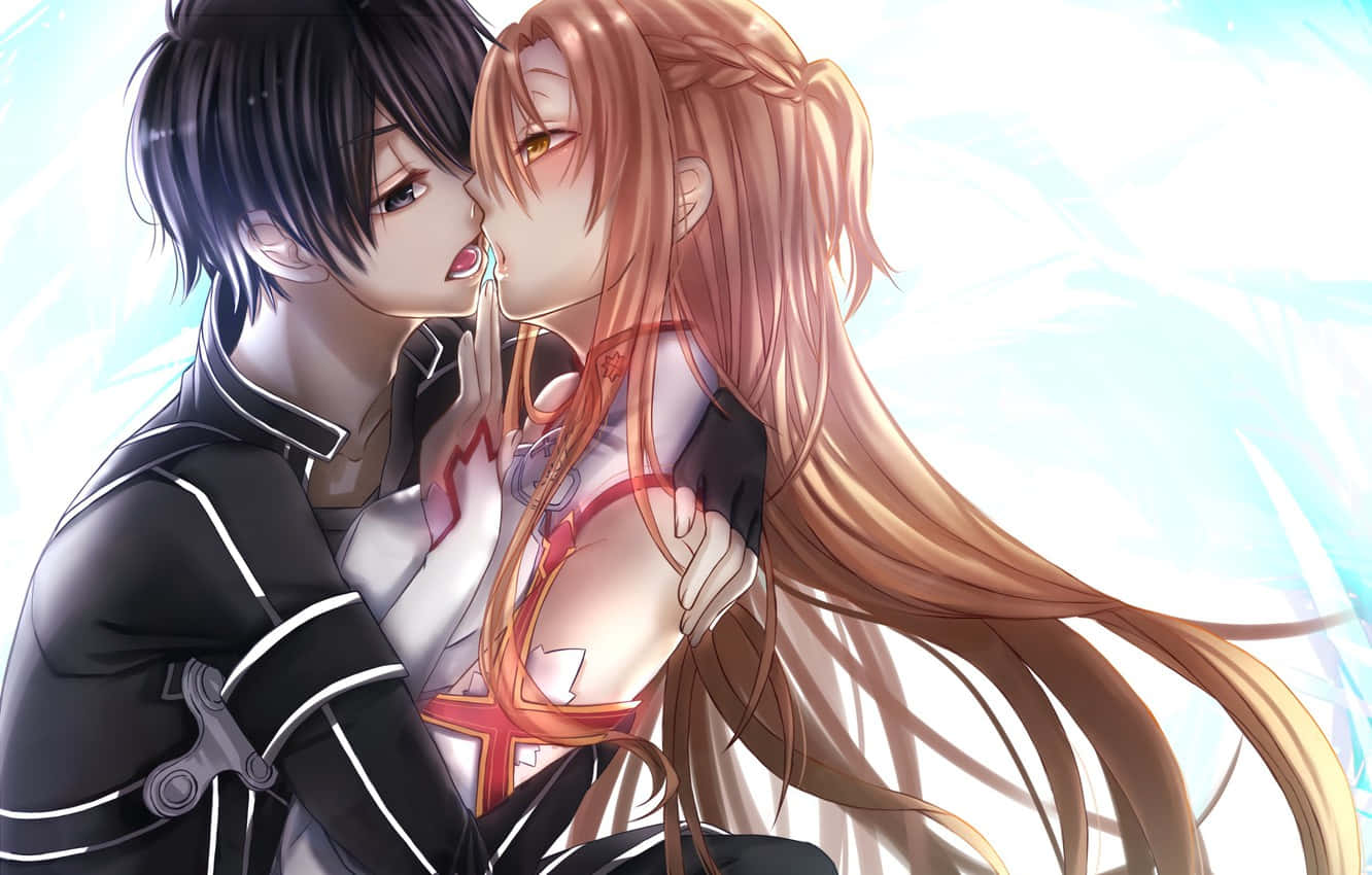A Couple Of Anime Characters Kissing In The Air Background