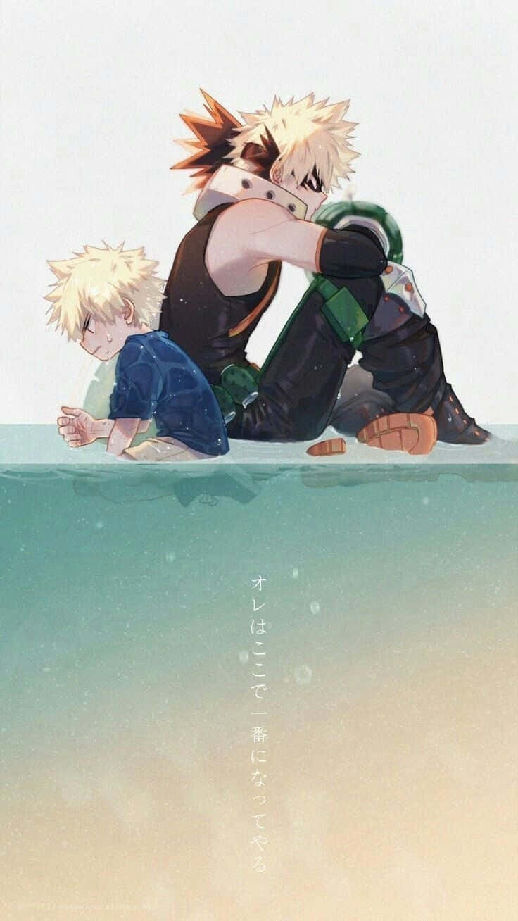 A Couple Of Anime Characters Sitting On The Water Background