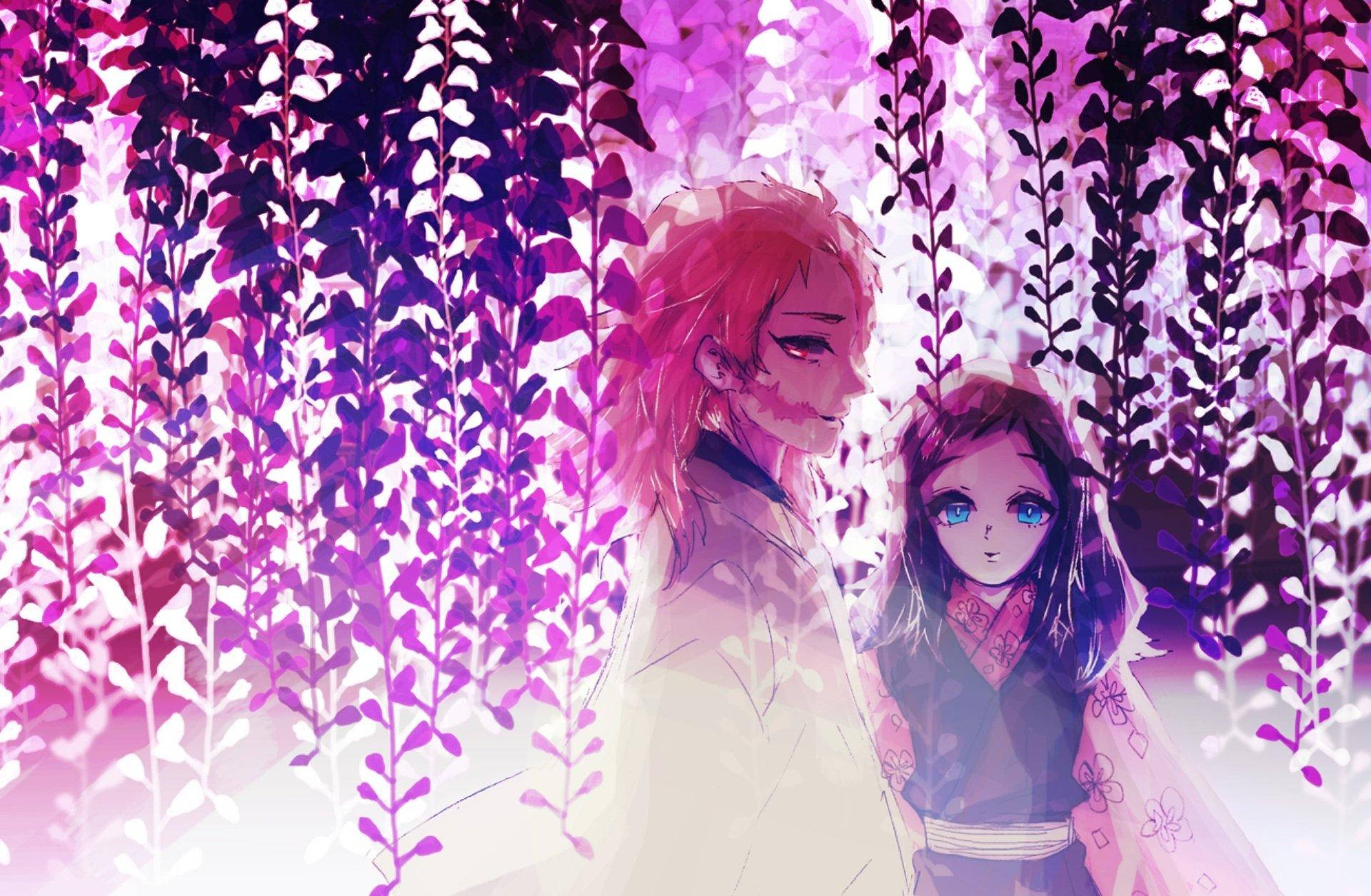 A Couple Of Anime Characters Standing Under A Purple Canopy Background