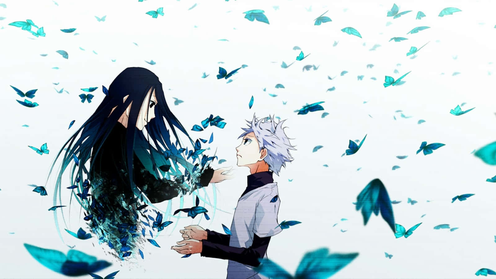 A Couple Of Anime Characters With Butterflies Flying Around Them Background