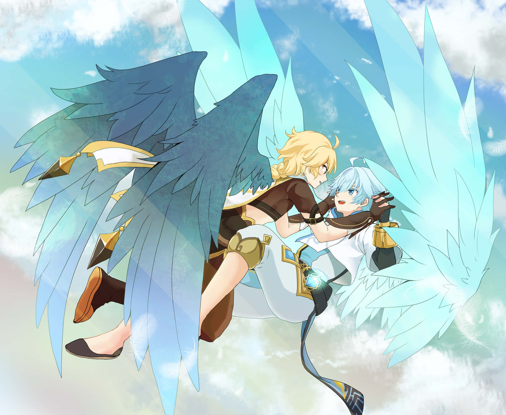 A Couple Of Anime Characters With Wings Flying In The Sky Background