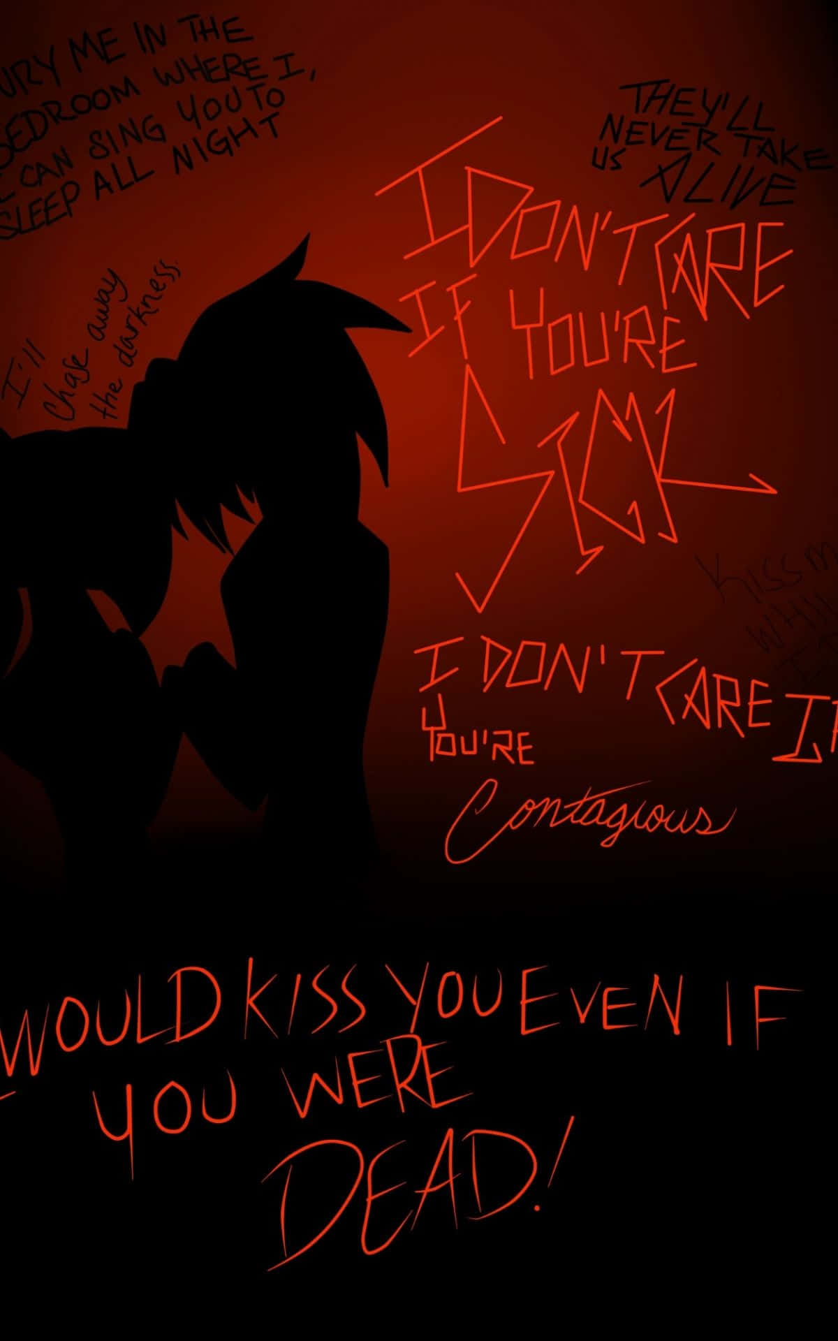 A Couple Of People Kissing In The Dark Background
