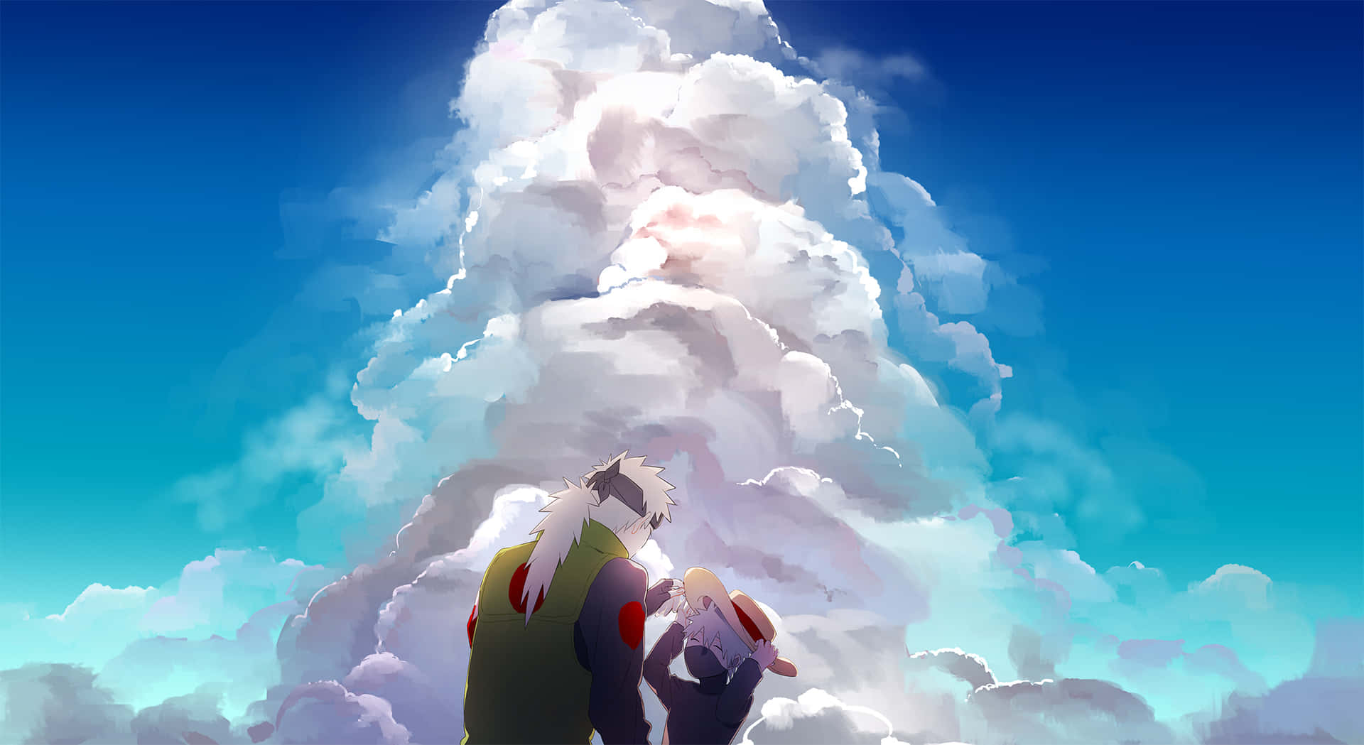 A Couple Of People Standing In Front Of A Cloud Background