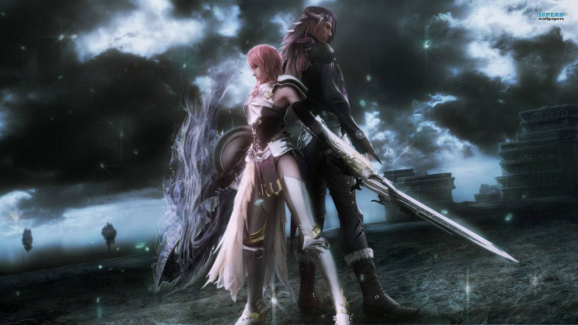 A Couple Of People Standing In The Dark With Swords Background
