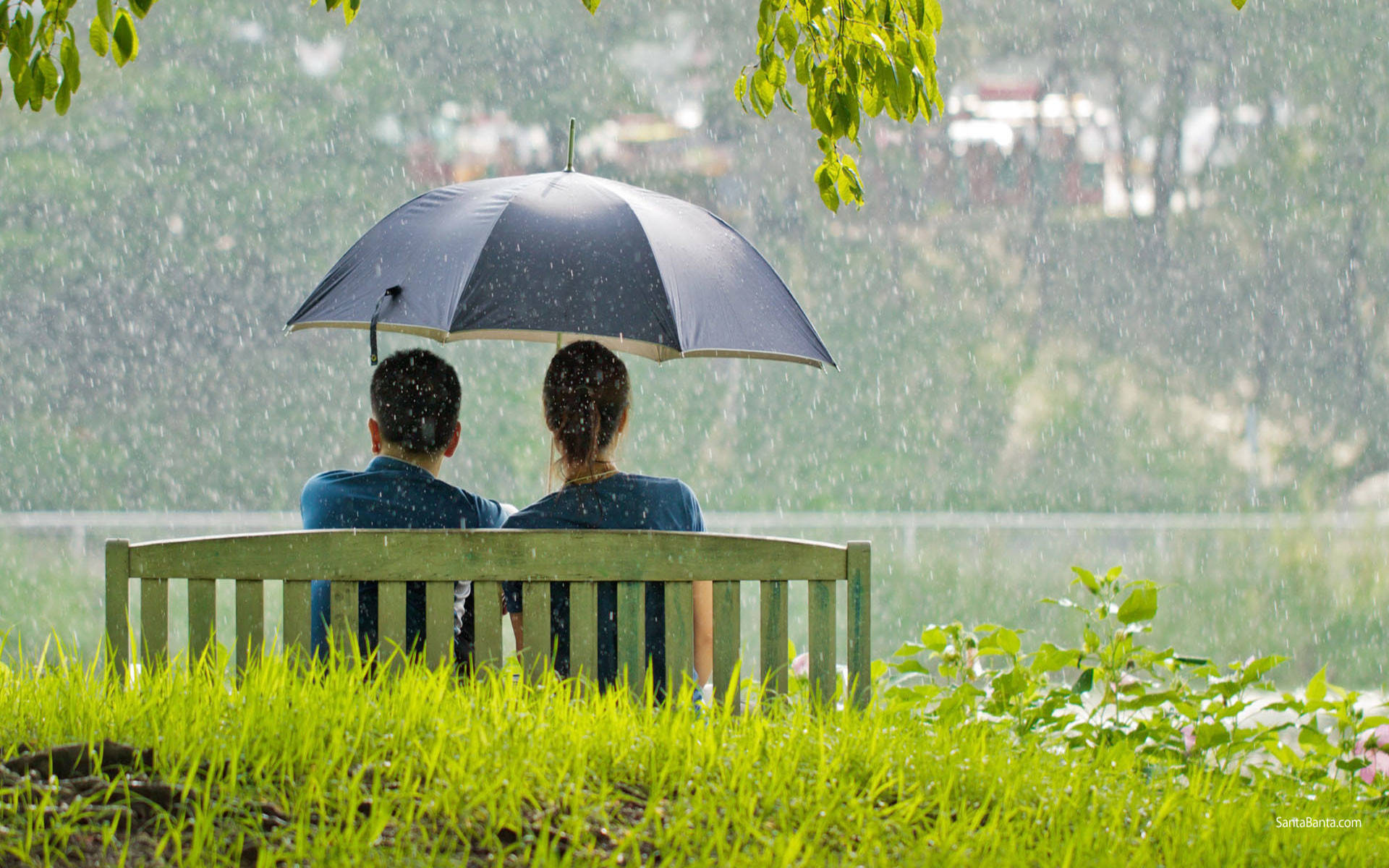 A Couple Outside While It's Raining Background