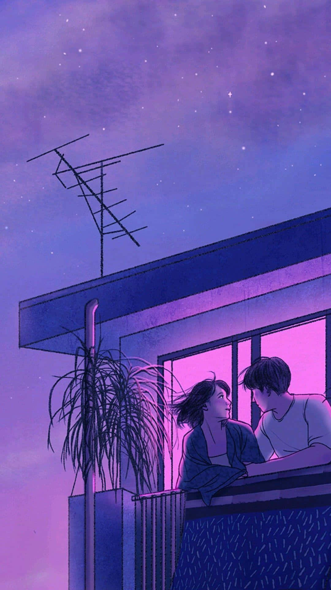A Couple Sitting On A Balcony Looking At The Sky Background