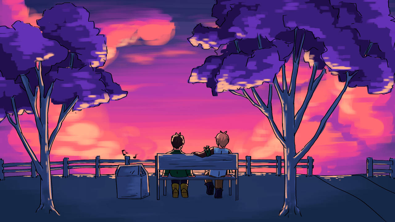 A Couple Sitting On A Bench At Sunset Background