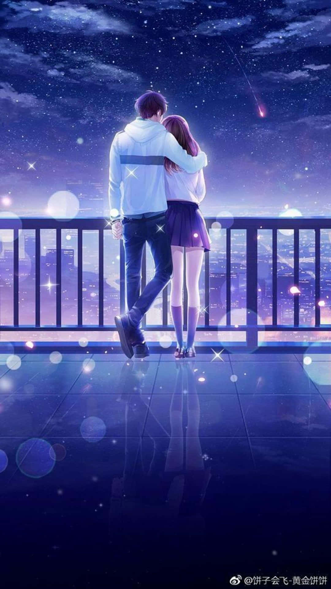 A Couple Standing On A Balcony With Stars In The Sky Background