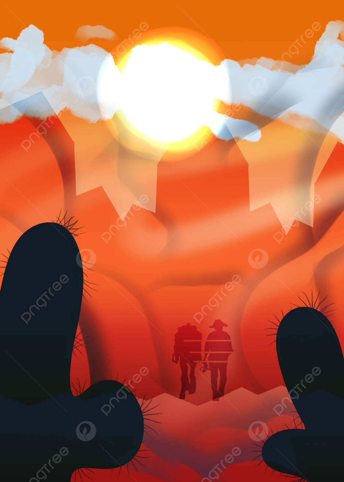 A Couple Walking In The Desert At Sunset Background