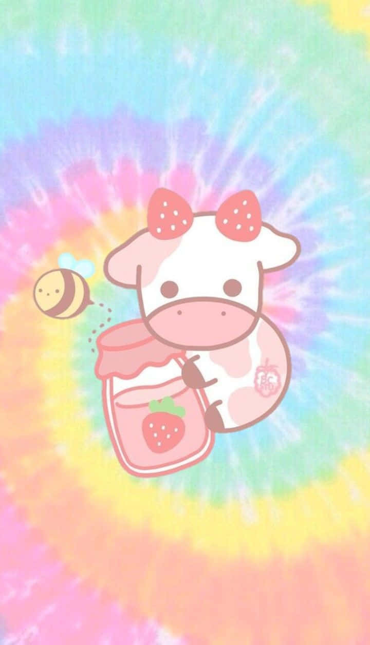 A Cow With A Jar Of Honey On A Tie Dye Background Background