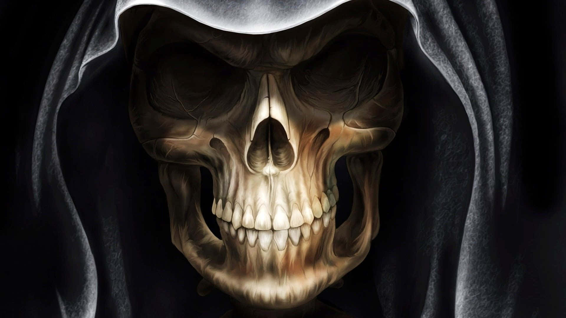 A Creepy Halloween Skeleton Emerging From The Shadows Background