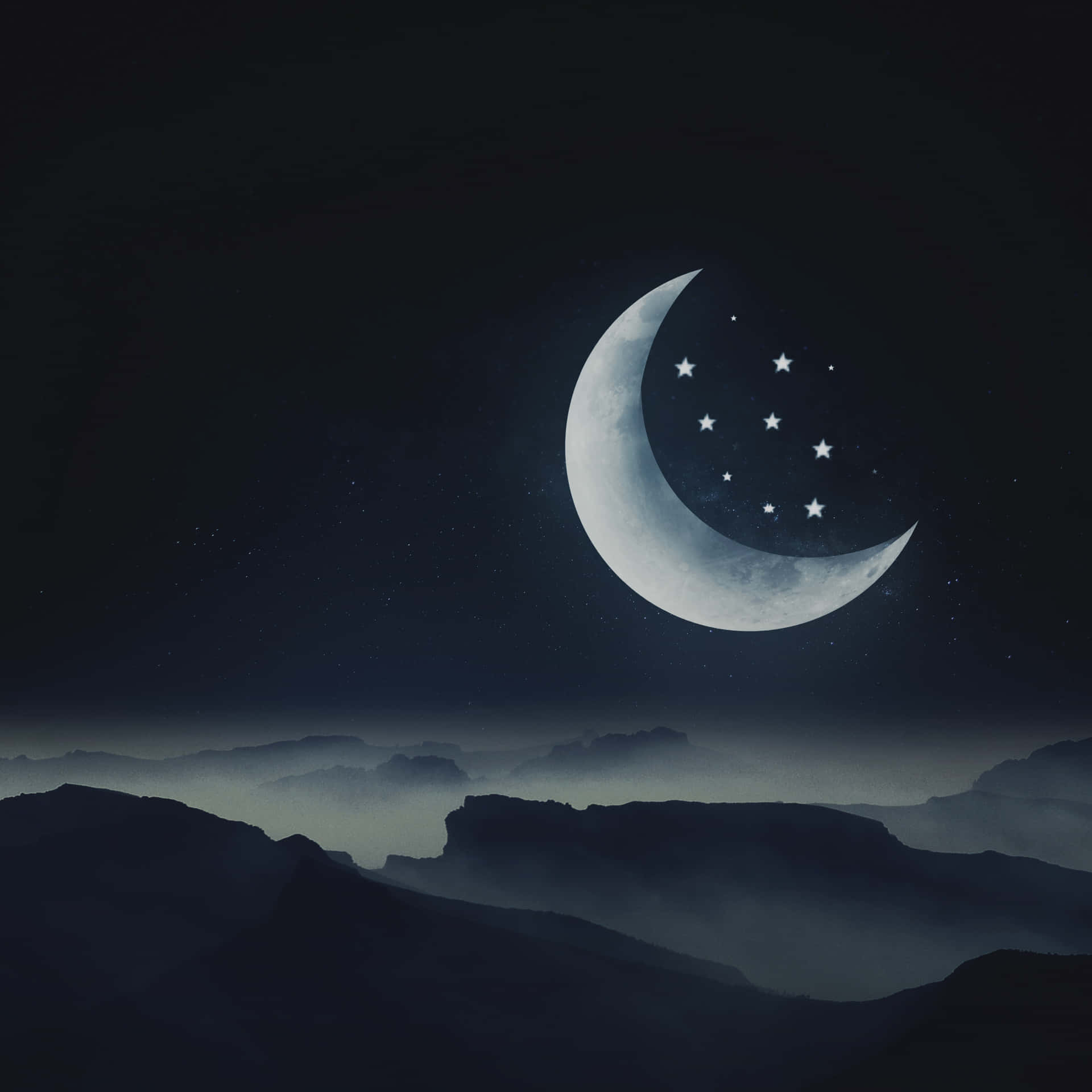 A Crescent And Stars In The Night Sky Background