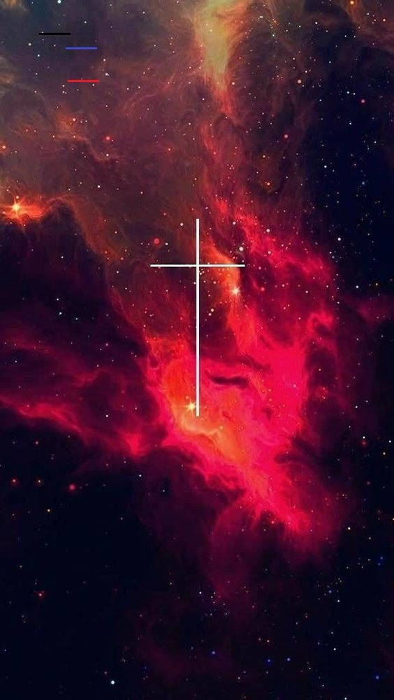 A Cross In The Space With Red And Blue Stars Background