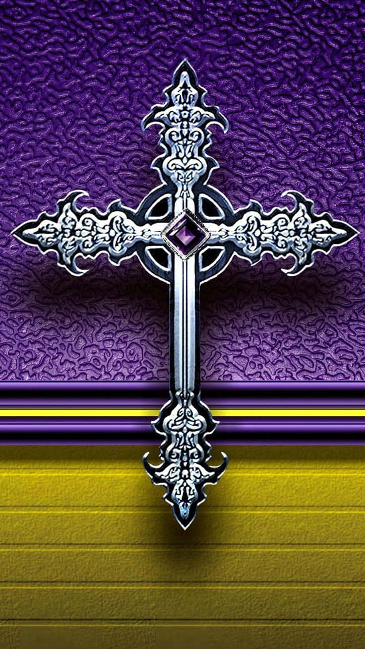 A Cross On A Purple And Yellow Background