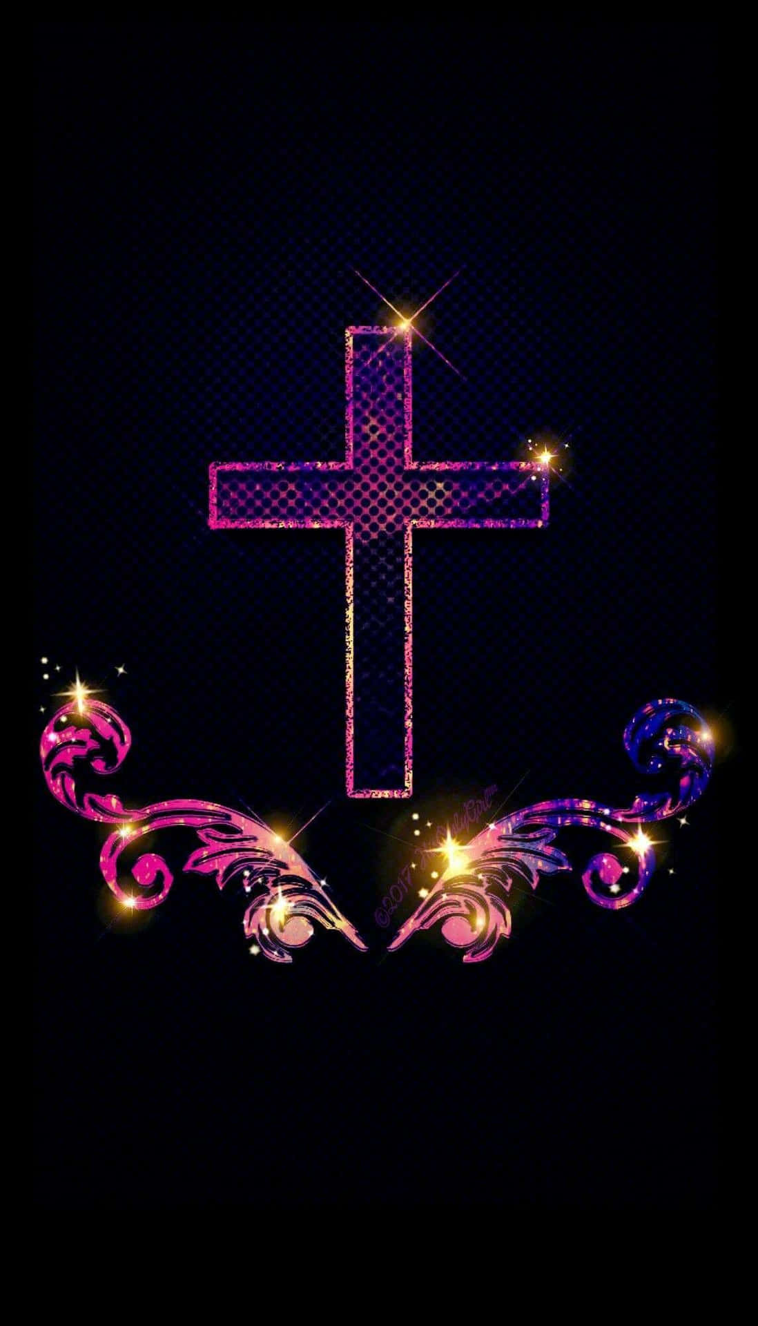 A Cross With A Pink And Purple Design On A Black Background