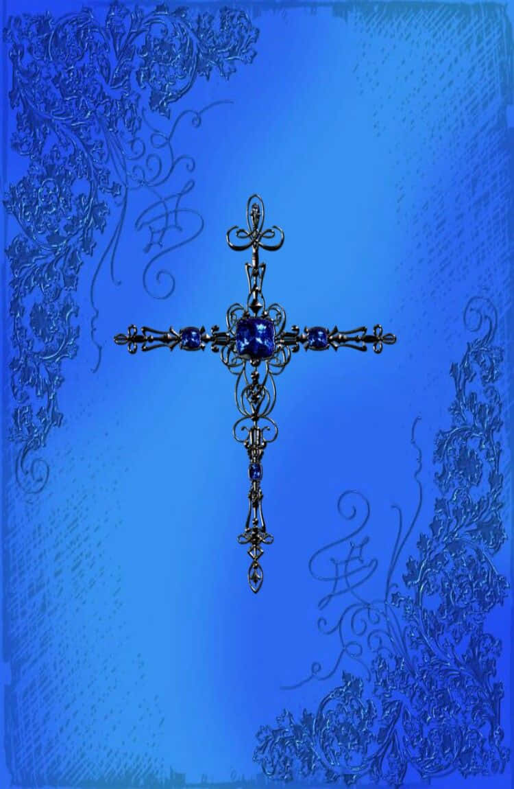 A Cross With Blue And Gold Ornaments On A Blue Background Background