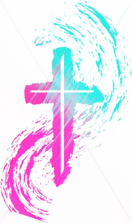 A Cross With Blue And Pink Paint On It Background