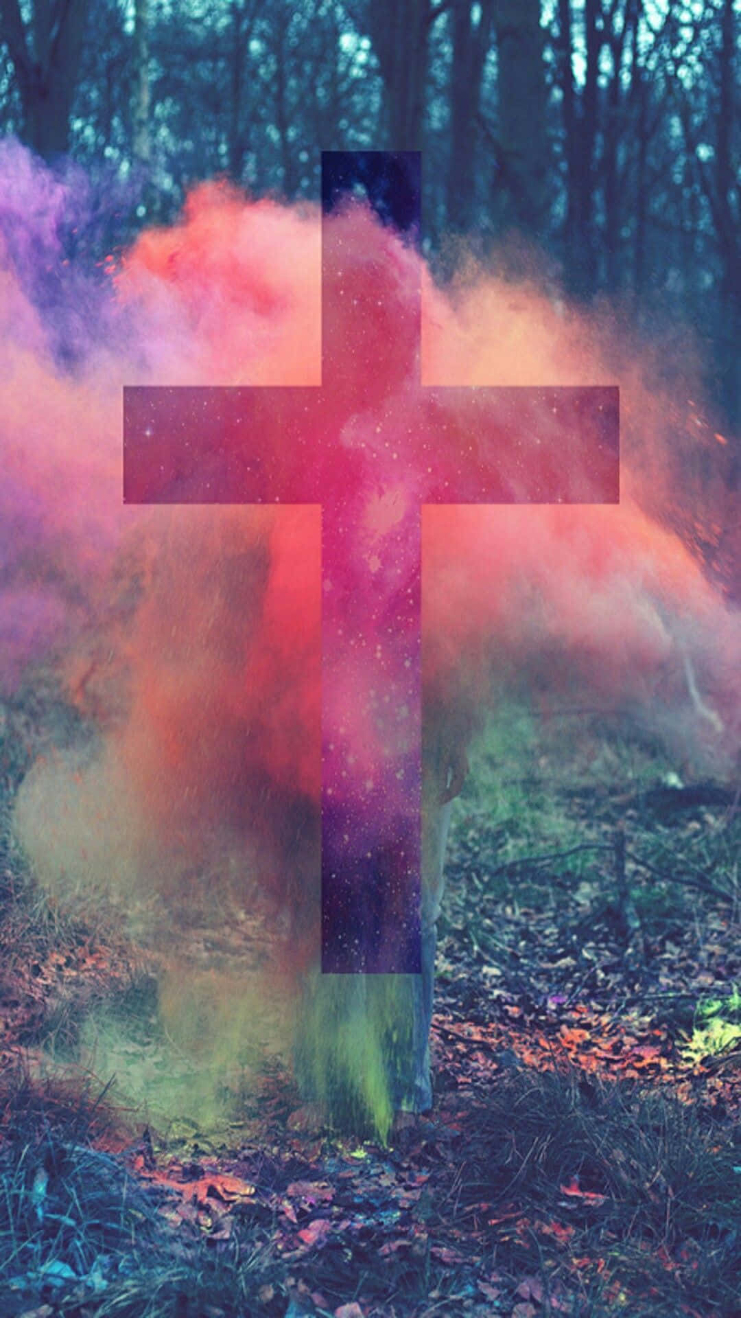 A Cross With Colored Smoke In The Woods