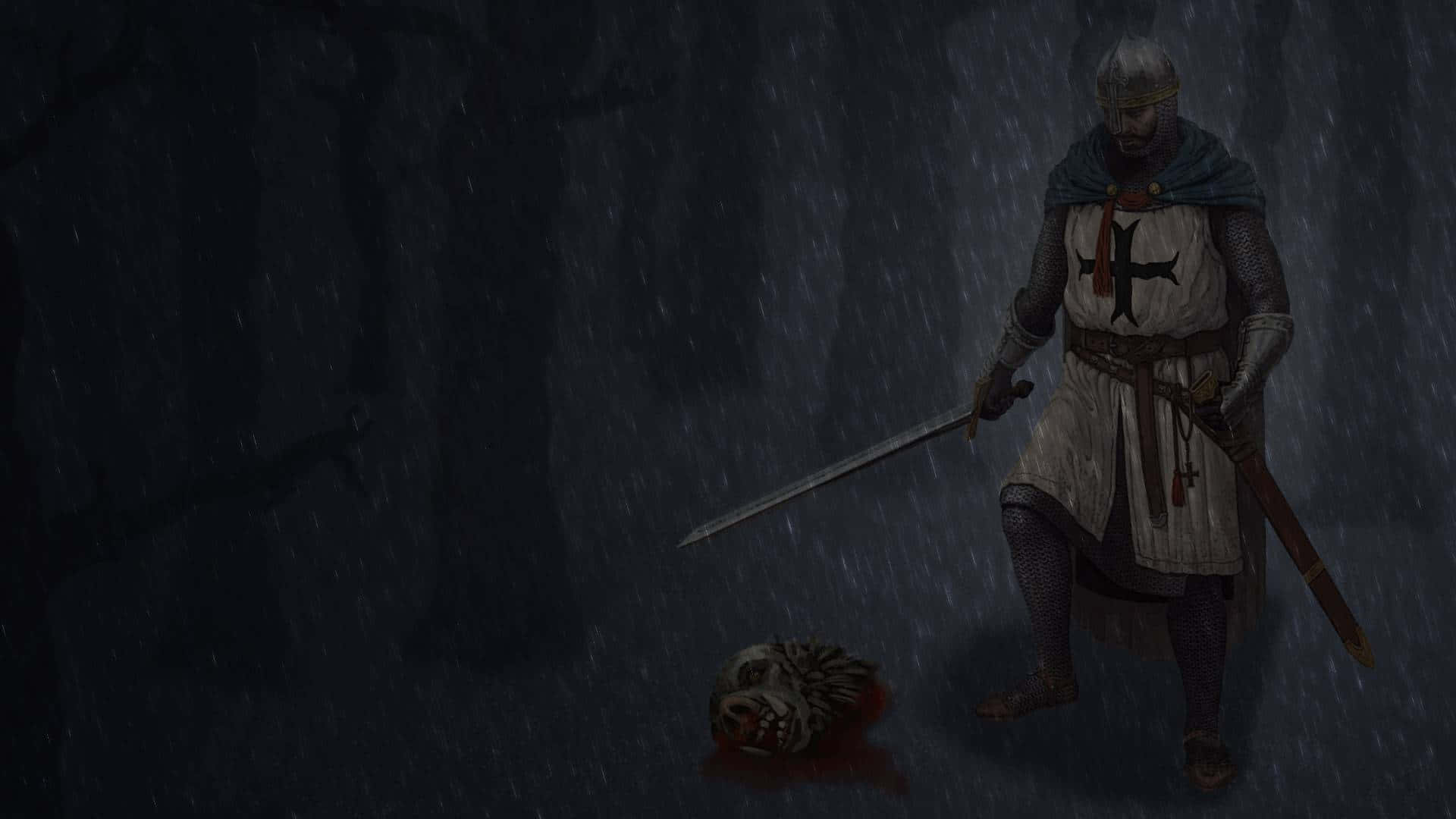 A Crusader Towers Over A Picturesque Landscape Background