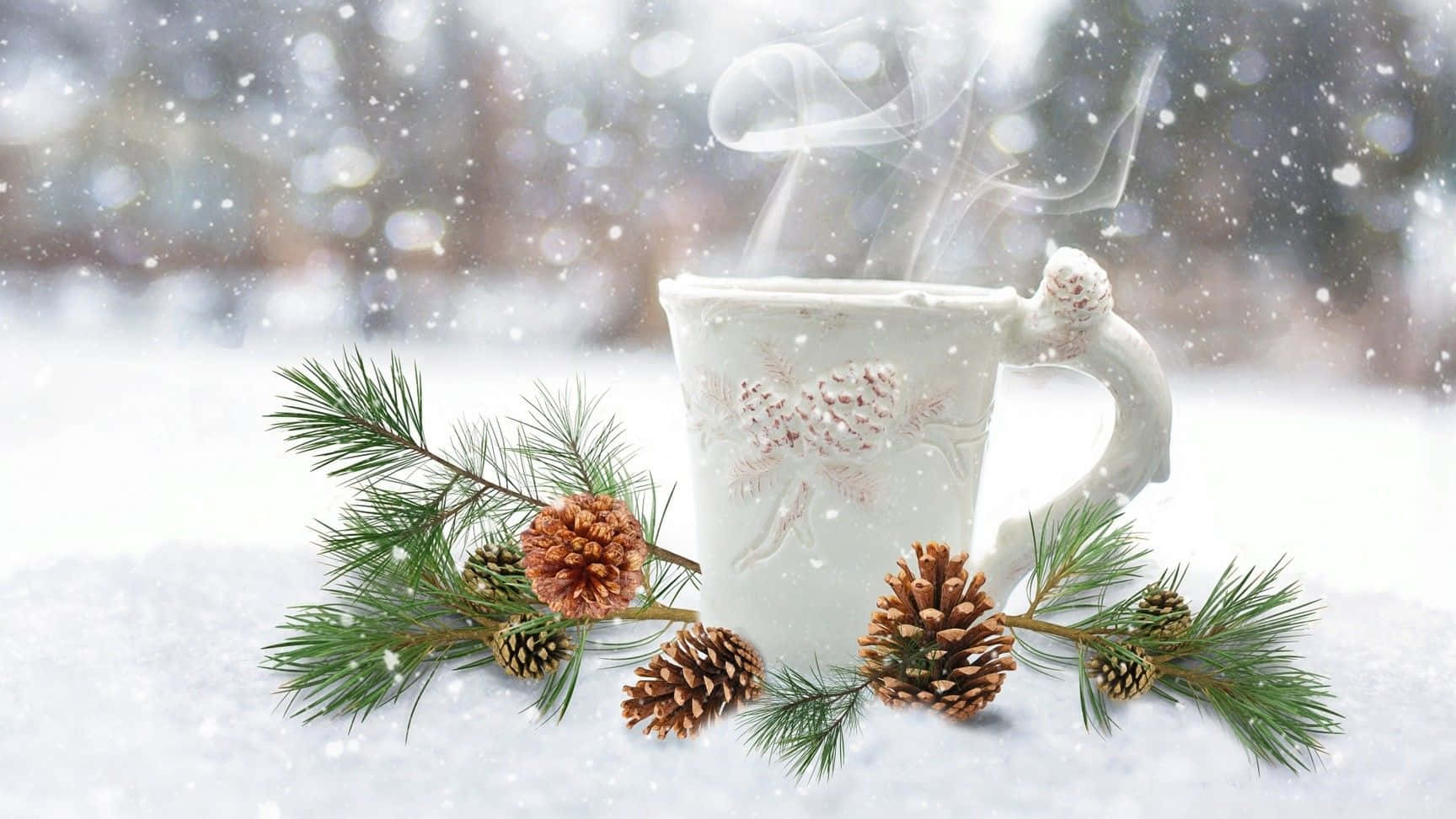 A Cup Of Coffee With Pine Cones And Pine Needles Background