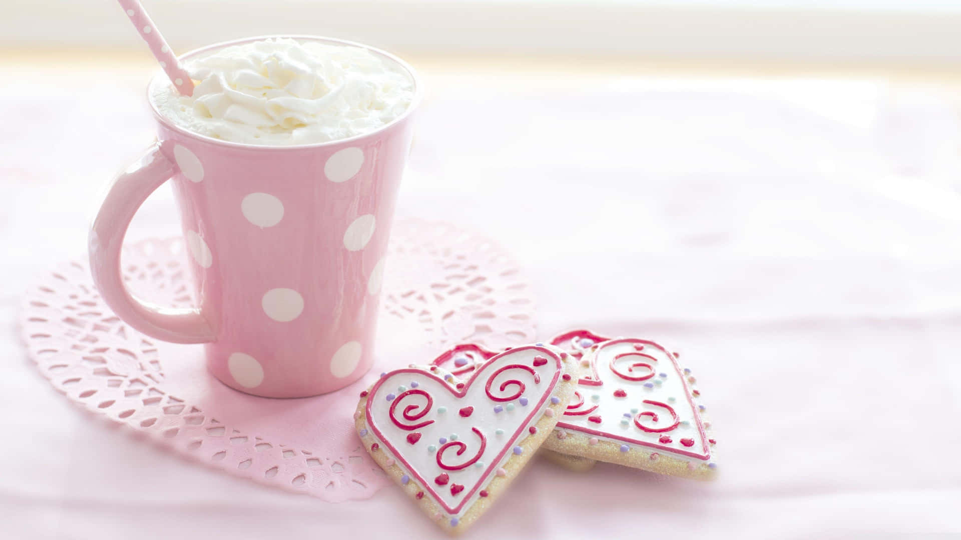 A Cup Of Coffee With Whipped Cream And Cookies Background