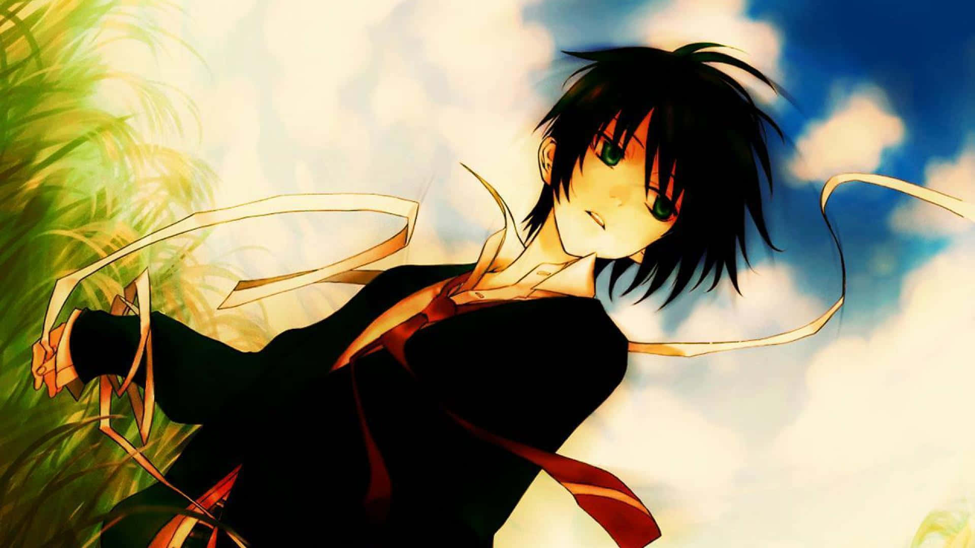 A Cute Anime Boy Looking Away And Smiling. Background