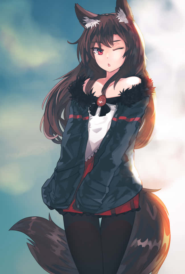 A Cute Anime Wolf Girl Enjoys A Snowy Day Background