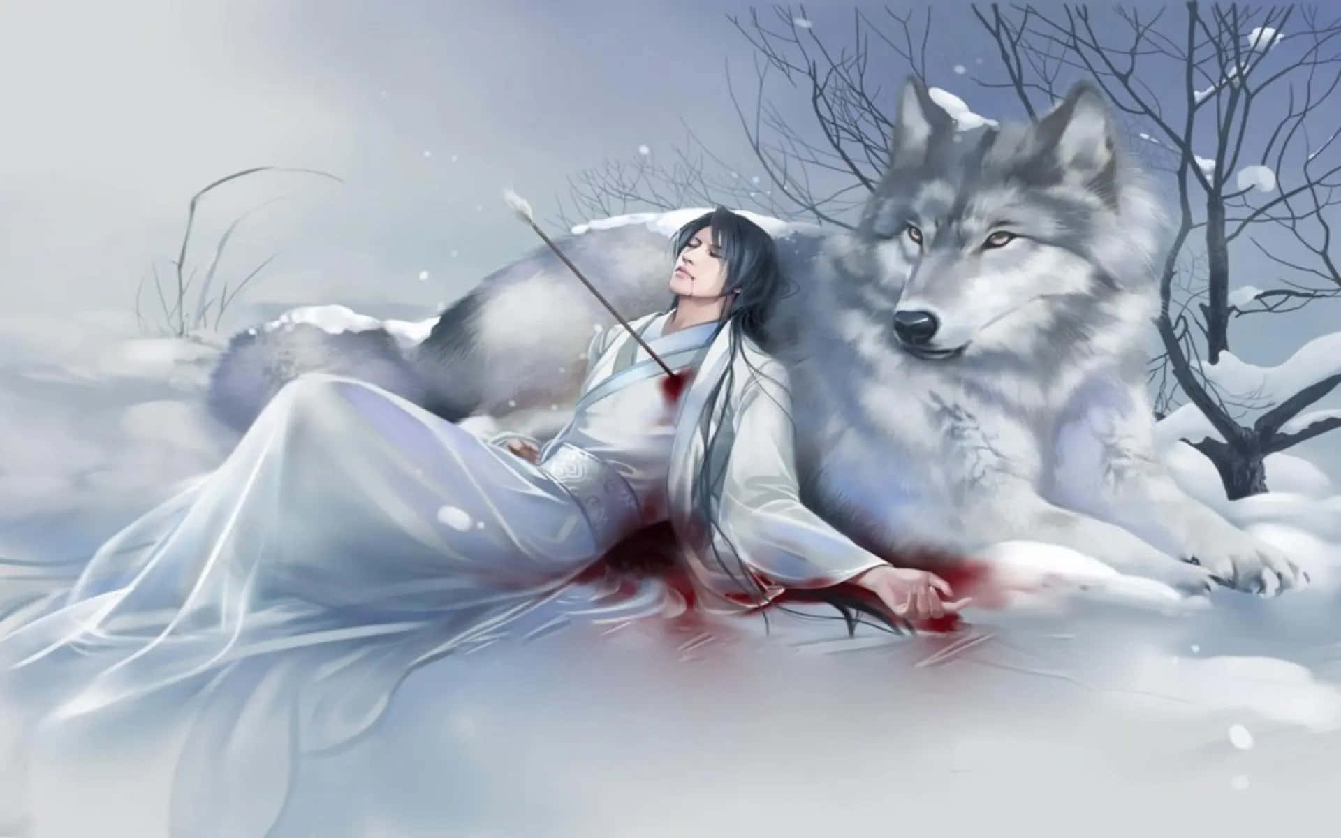 A Cute Anime Wolf Girl Stares Deep Into The Night Background