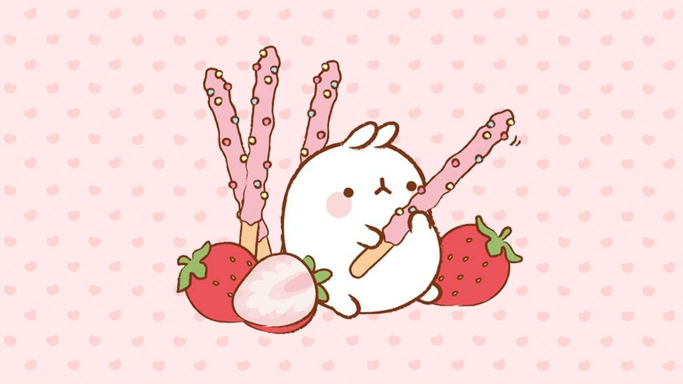 A Cute Bunny With Strawberries And Sticks Background