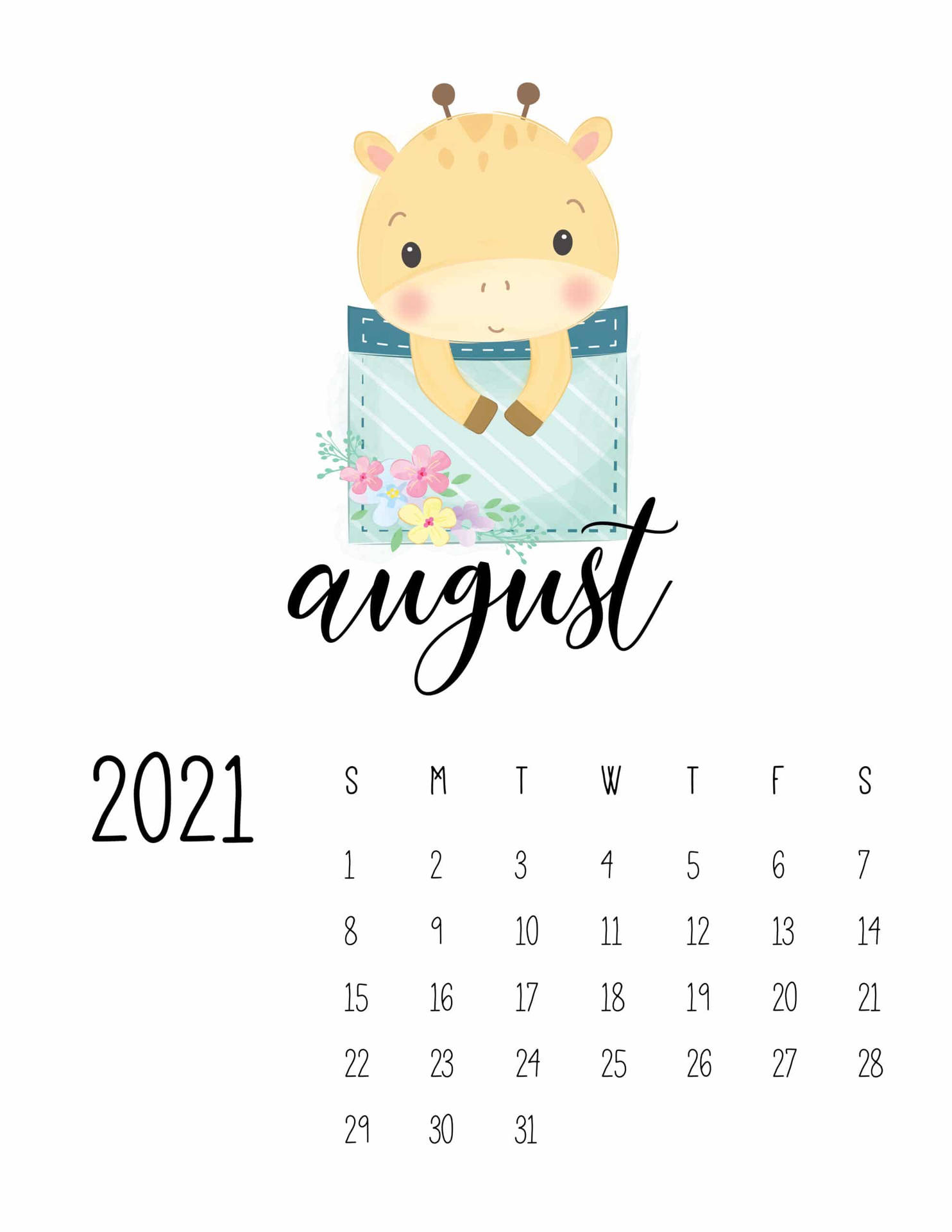 A Cute Giraffe Is Holding A Calendar With The Word August