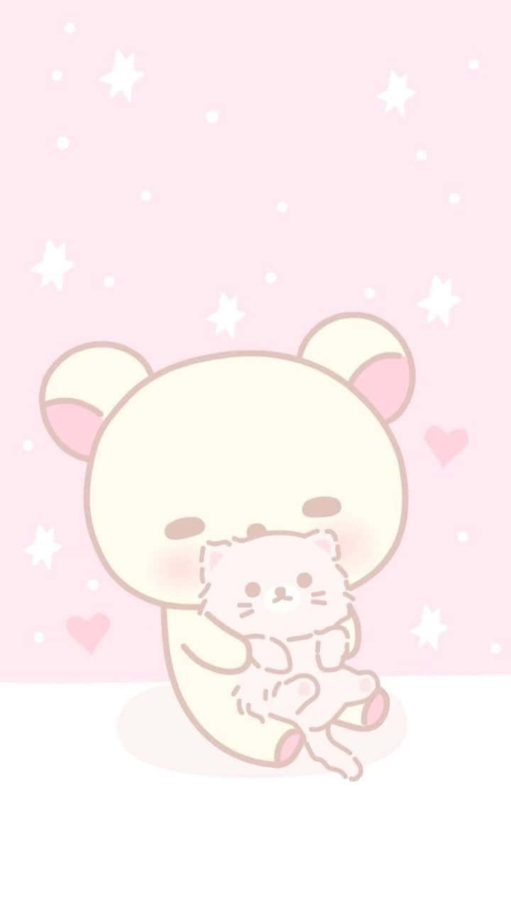 A Cute Kawaii Bear Holding A Pink Kitten Background