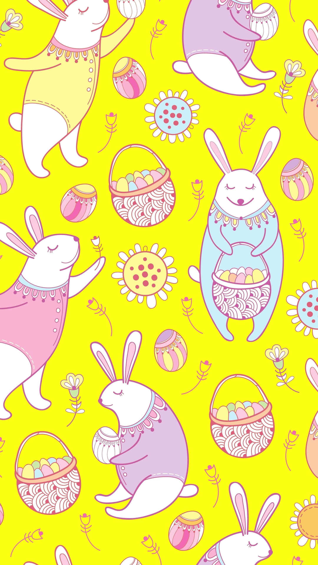 A Cute Kawaii Bunny Surrounded By Pastel Colored Clouds And Star. Background