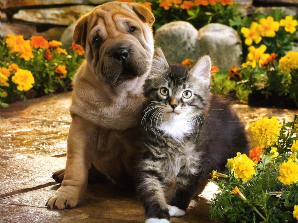 A Cute Kitten And Puppy Enjoying A Nap Together Background