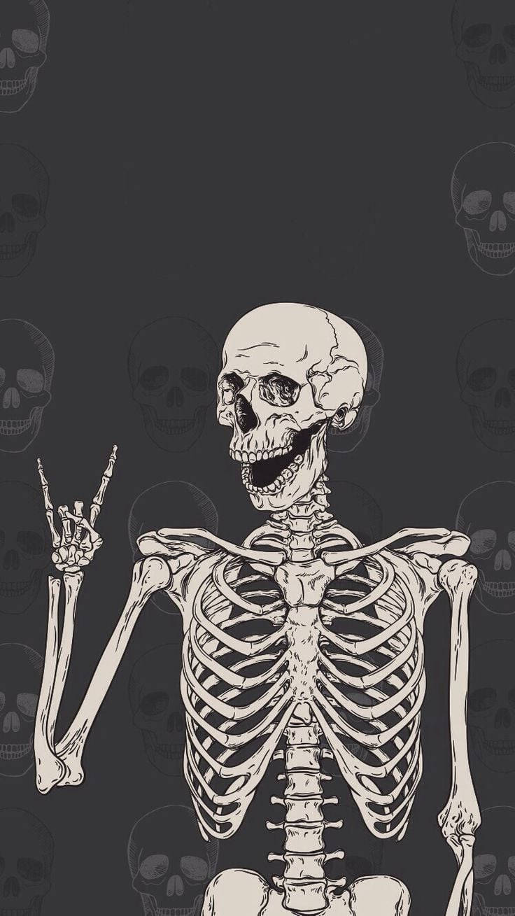 A Cute Skeleton With A Rock N' Roll Hand Sign Background