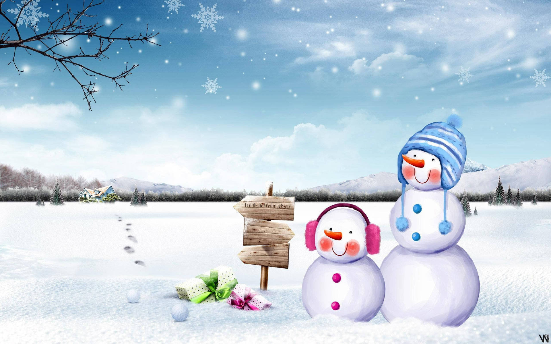 A Cute Snowman Smiling On A Winter Day Background