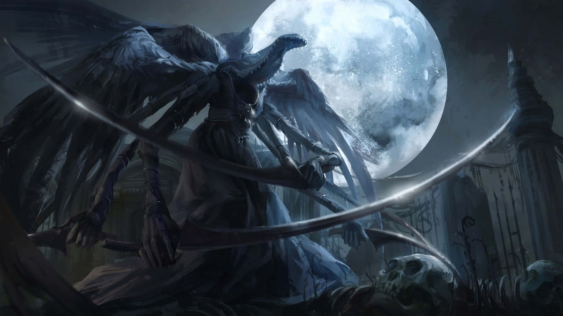 A Dark Angel With Wings Standing In Front Of A Full Moon