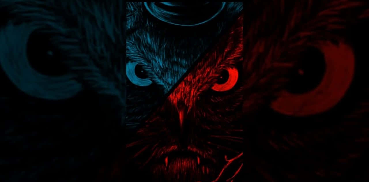 A Dark Blue And Red Owl With A Red Eye Background