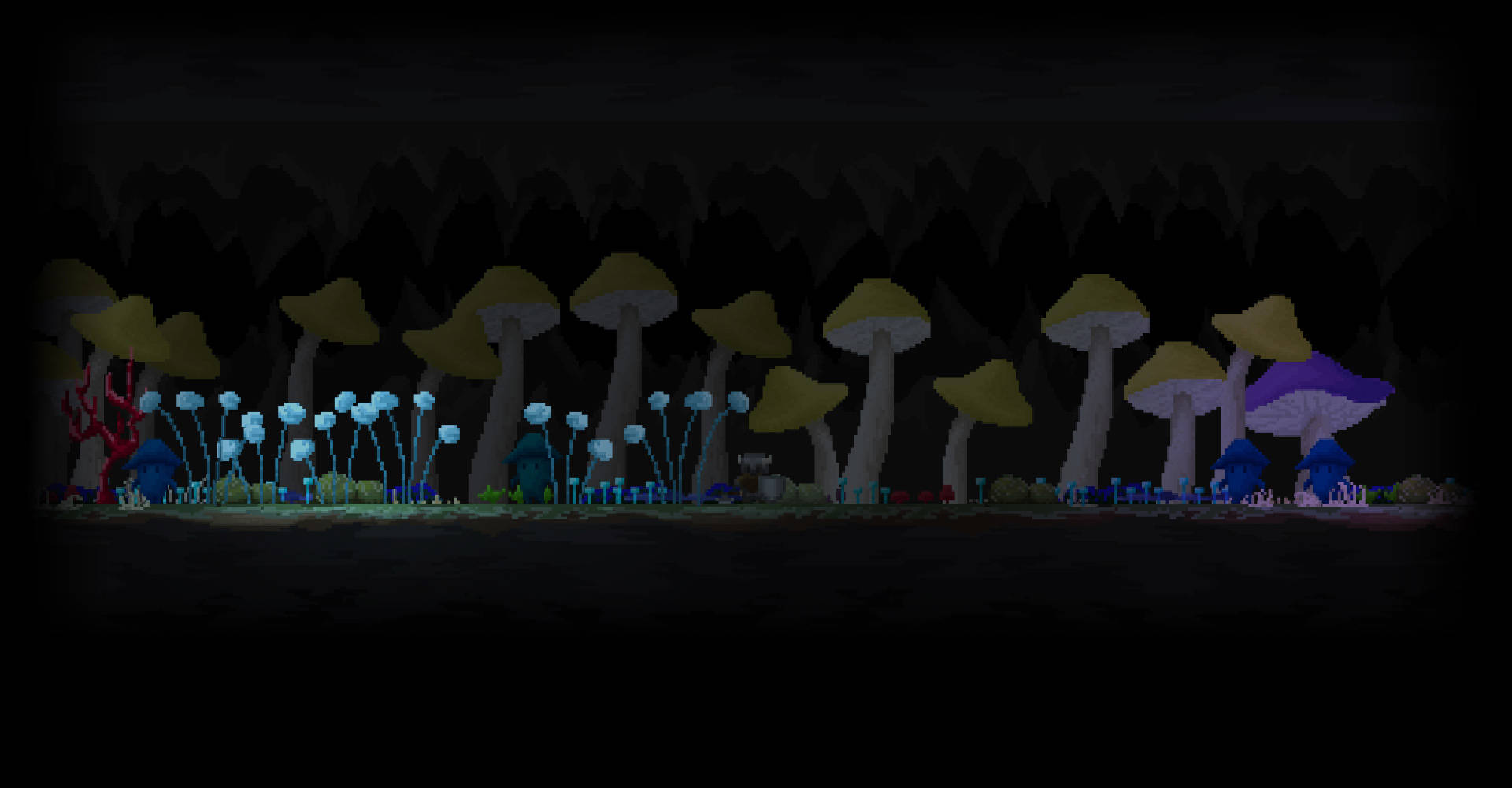 A Dark Cave With Mushrooms And A Light Background