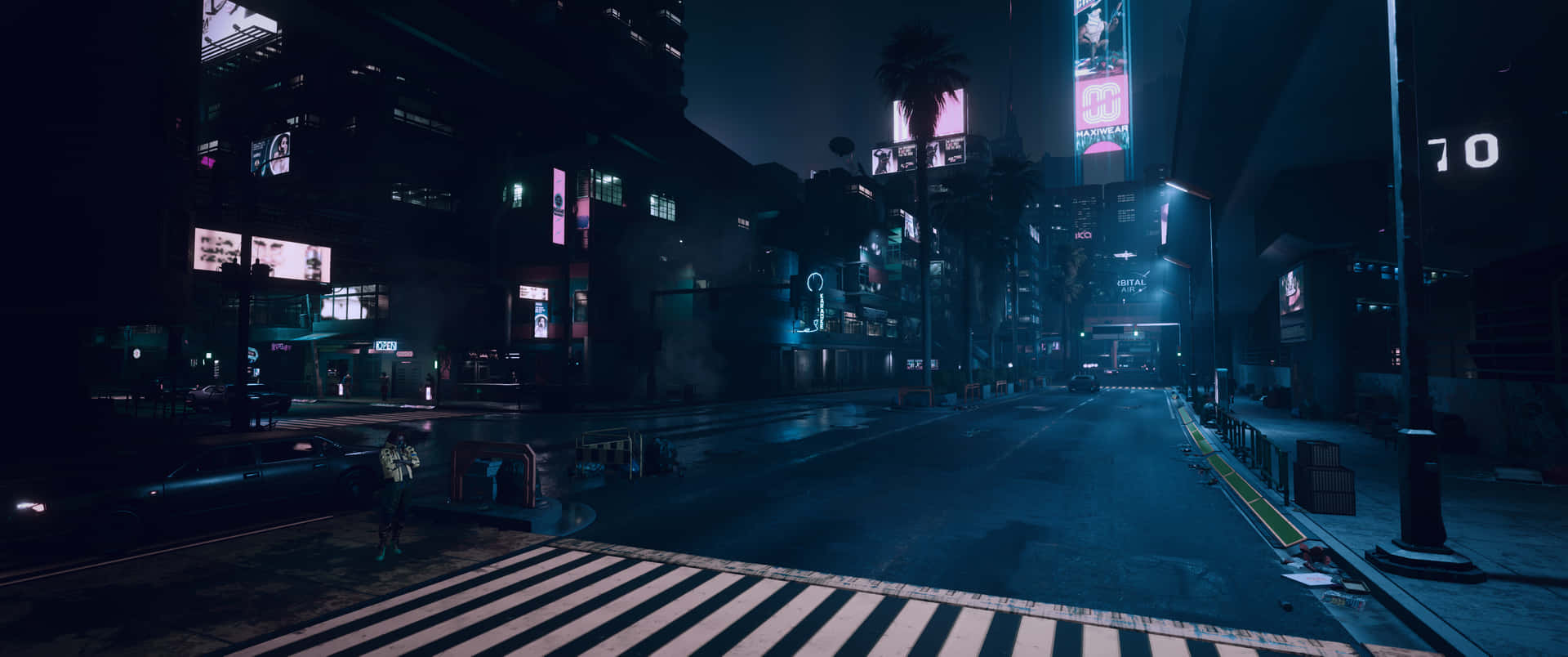 A Dark City Street With Neon Lights And A Crosswalk Background