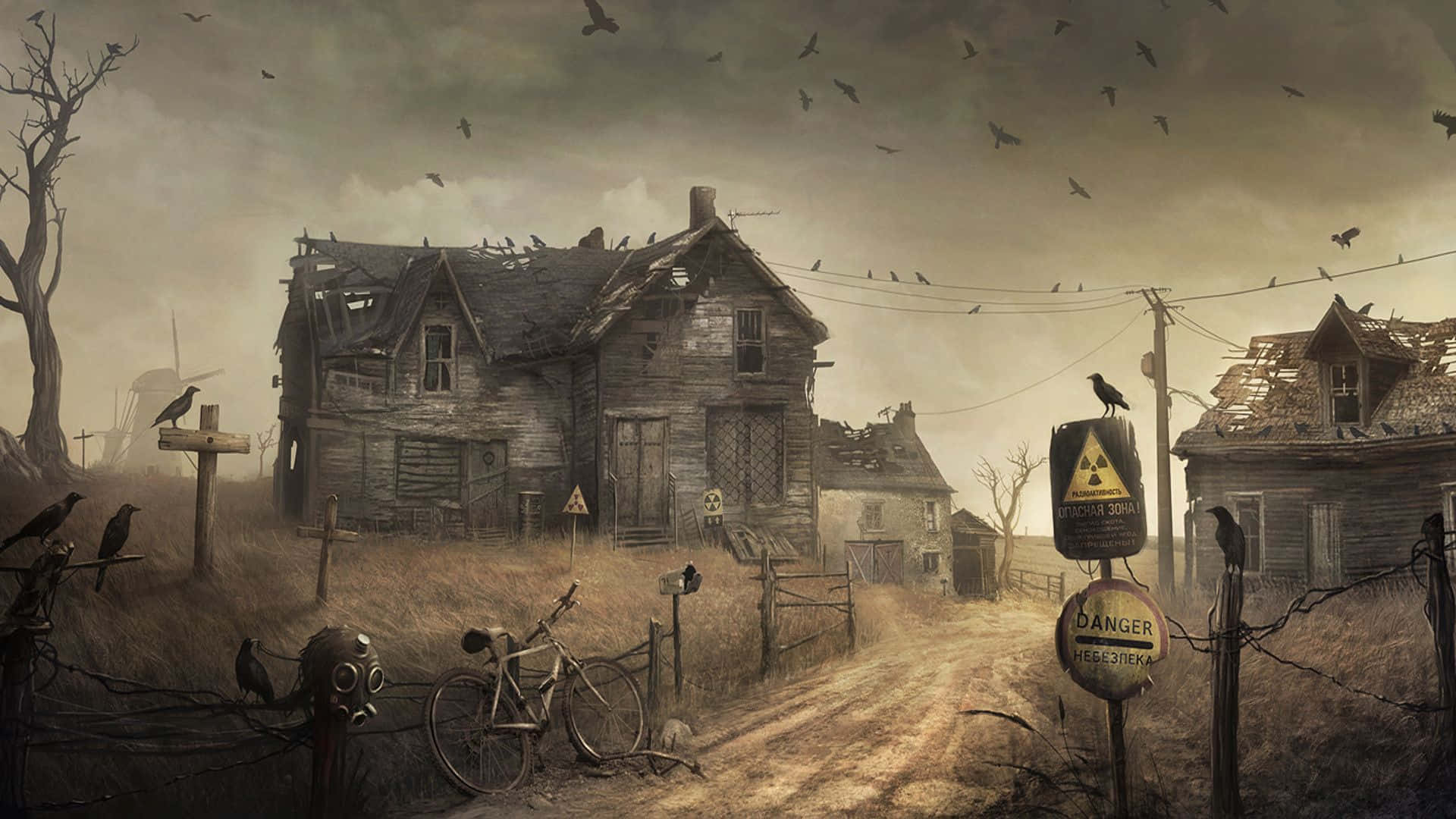 A Dark, Creepy, And Spooky Painting Of A House And Crows Background