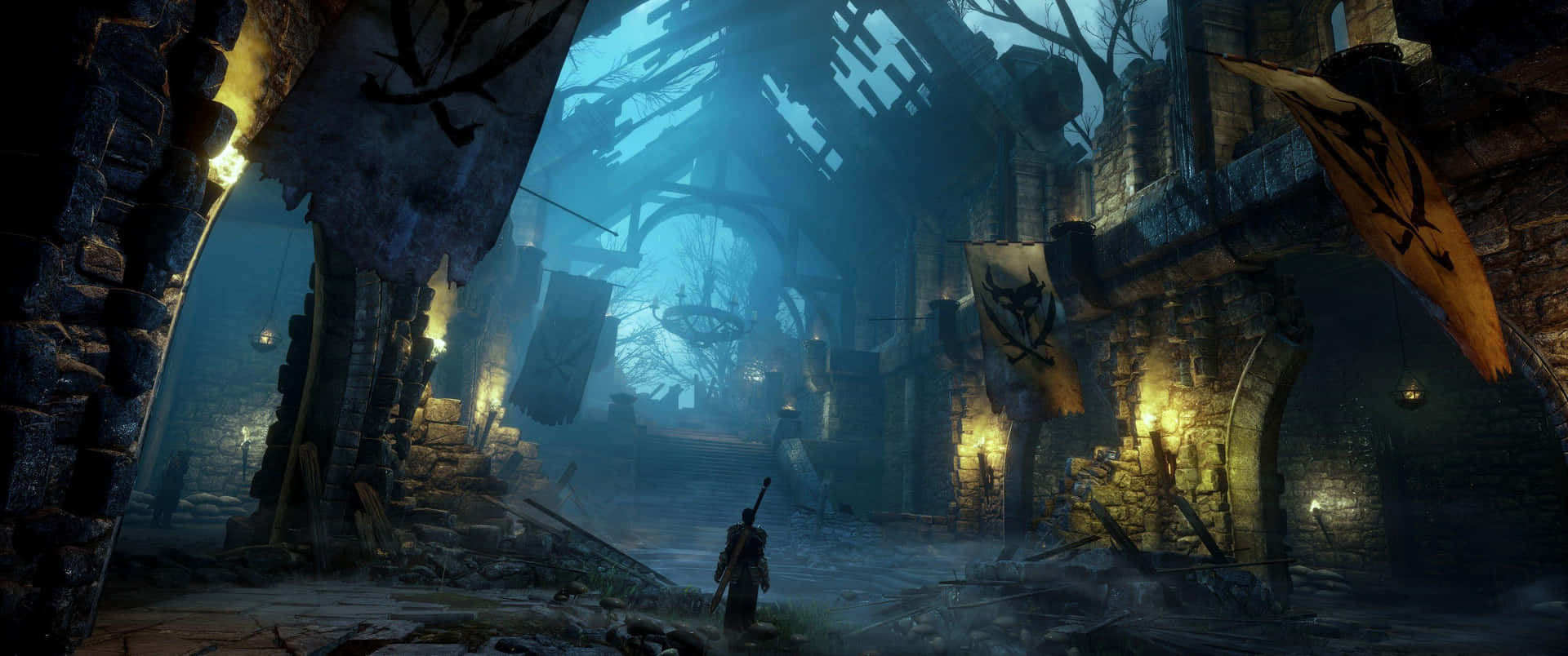 A Dark, Dreary, And Eerie Scene In A Medieval Castle Background