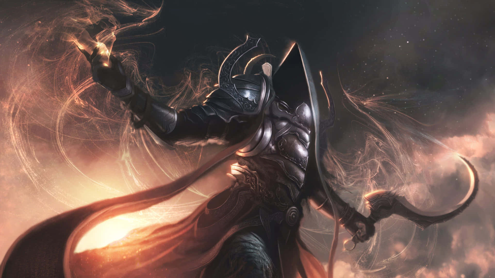 A Dark Fantasy Character With A Sword And A Cloak Background