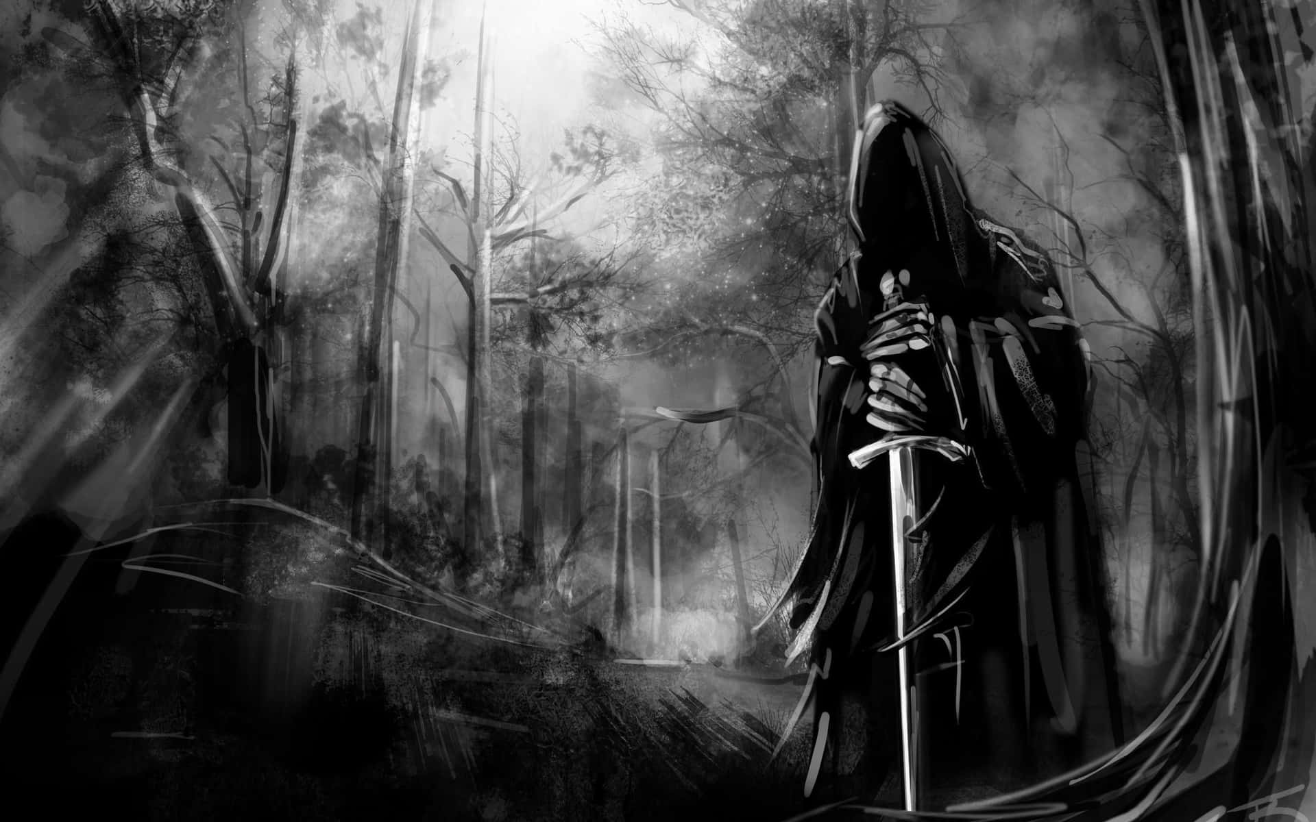 A Dark Figure In A Cloak Is Standing In The Woods Background