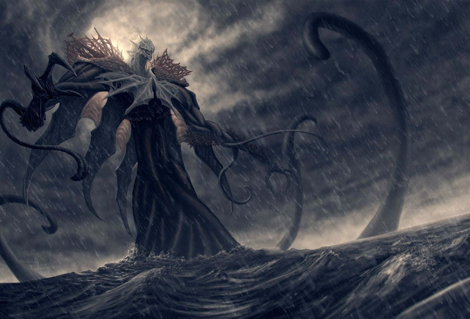 A Dark Figure Standing In The Water Background