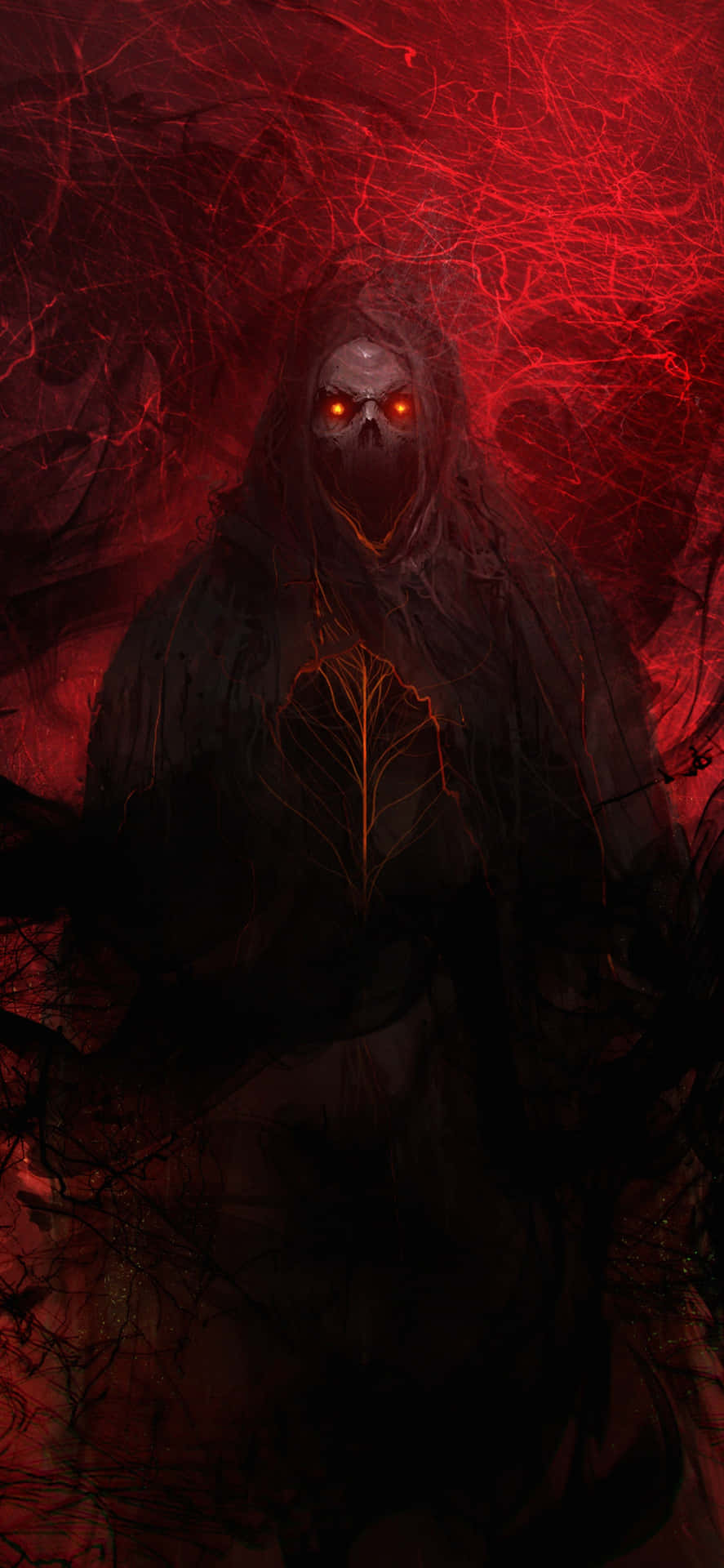 A Dark Figure With Red Eyes And A Red Background Background