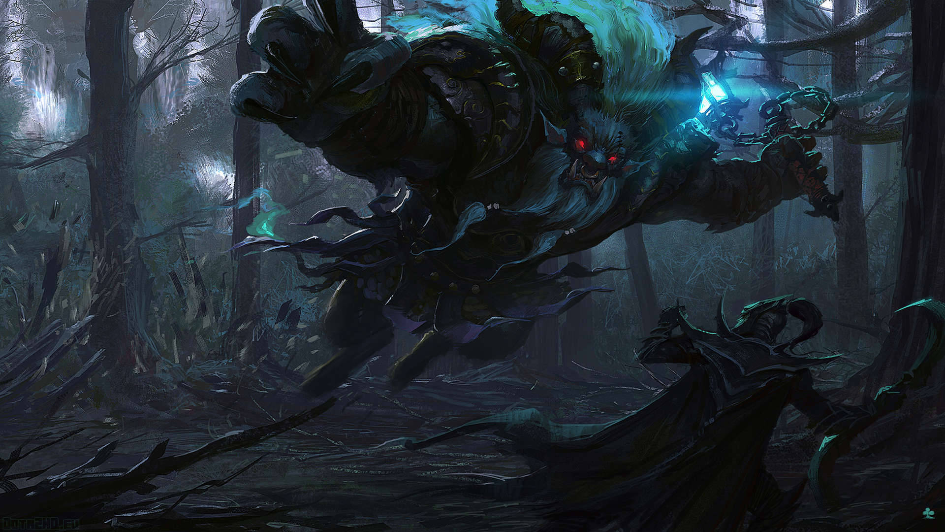 A Dark Forest With A Demon In The Middle Background